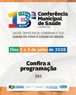 💚🩺 Vem aí a 13ª Conferência Municipal de Saúde!
Confira a programação e participe desse importante momento de diálogo, escuta e construção de propostas para fortalecer a saúde pública do nosso município.
Sua participação faz a diferença na construção de um SUS cada vez mais eficiente, humanizado e acessível para todos. 💙
#13ConferênciaMunicipalDeSaúde #SaúdePública #SUS #PrefeituraDeCaxias