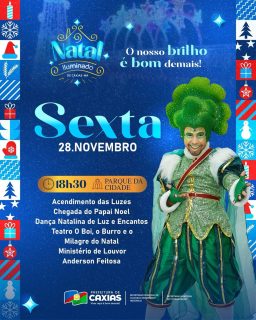 ✨🎄 A magia do Natal Iluminado continua!
Nesta sexta, o Parque da Cidade será palco de mais uma noite cheia de brilho, emoção e encantos dessa temporada tão esperada. 💙✨
Prepare-se para viver momentos inesquecíveis, com atrações culturais, apresentações encantadoras e tudo o que torna o Natal ainda mais especial. Vem celebrar com a gente! 🎅💫
#NatalIluminado2025 #NossoBrilhoÉBomDemais #PrefeituraDeCaxias