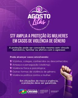 O STF ampliou a proteção às mulheres em casos de violência de gênero, garantindo que medidas protetivas possam ser concedidas mesmo quando não existe vínculo doméstico, familiar ou afetivo com o agressor.

A violência pode acontecer em diferentes contextos e por isso, conhecer seus direitos é fundamental. ✊🏽💜

Em situações de risco ou urgência, a proteção deve ser garantida.

#AgostoLilás #PeloFimDaViolênciaContraAMulher #DireitosDasMulheres #PrefeituraDeCaxias