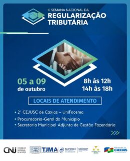 ⚖️📄 A III Semana Nacional de Regularização Tributária é uma oportunidade para negociar e regularizar suas pendências tributárias.

Confira os locais de atendimento, informe-se, agende sua audiência e faça seu acordo. 

Para mais informações, entre em contato com o NUPEMEC pelo WhatsApp: (98) 2055-2283.

#SemanaNacionalDeRegularizaçãoTributária #RegularizaçãoTributária #PrefeituraDeCaxias