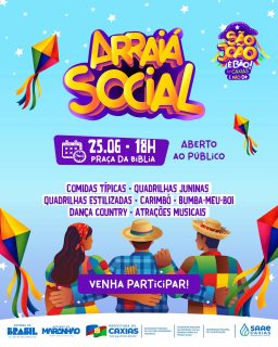 🌽🎉 Vem aí o Arraiá Social, uma noite cheia de cultura, tradição e muita animação! 💃🕺

Teremos comidas típicas, quadrilhas juninas, carimbó, bumba-meu-boi, dança country e atrações musicais para toda a família. 🎶

Prepare o traje junino e venha viver uma noite especial repleta de música, dança e diversão! 🎊🤠

#ArraiáSocial #SãoJoãoEmCaxias #SãoJoãoÉBãoEmCaxiasÉBãoDemais #PrefeituraDeCaxias