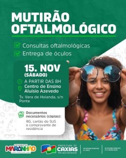 💚 O Movimento pela Vida chega a Caxias. Uma ação em parceria com o Governo do Estado, que leva mais saúde e cuidado para quem mais precisa. 👩‍⚕️✨

Serão realizadas consultas oftalmológicas e entrega gratuita de óculos à população. 👓

Mais um passo importante pela qualidade de vida e bem-estar dos caxienses! 💪

#MovimentoPelaVida #SaúdeParaTodos #GovernoDoMaranhão #PrefeituraDeCaxias