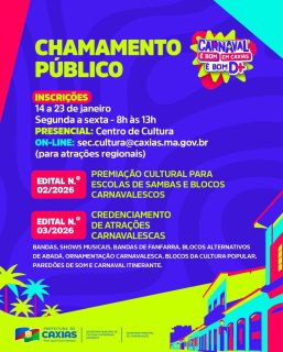 🎭🎶 Chegou a hora de valorizar quem faz a festa acontecer! 🎉

Escolas de samba, blocos, bandas e artistas já podem se inscrever para fazer parte do Carnaval que movimenta a cidade e fortalece a nossa cultura. 💃🥁

Fique atento aos prazos e venha somar com a gente! 🎭🎉💙

Confira o edital: https://caxias.ma.gov.br/dom/6367-2026/

#CarnavalEmCaxiasÉBomD+ #Carnaval2026 #CulturaCaxias #PrefeituraDeCaxias