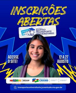 🎓🚍 Inscrições Abertas para o Programa Cartão Transporte Universitário!
Uma parceria entre o Governo do Estado e a Prefeitura Municipal de Caxias.
👉 Confira o edital e acesse o site: transporteuniversitario.juventude.ma.gov.br
🤝💙 Não perca a oportunidade de garantir seu benefício!
#CartãoTransporteUniversitário #JuventudeMaranhense