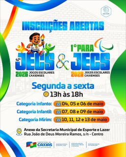 🏆🔥 É hora de entrar em jogo!

Estão abertas as inscrições para o JECS 2026 e o 1º PARAJECS, competições que celebram talento, inclusão, energia e espírito esportivo entre os estudantes caxienses. 🏅♿

O atendimento acontece de segunda a sexta-feira, no turno da tarde, com datas organizadas por categoria. Fique atento ao cronograma, organize sua equipe e garanta sua participação.

É o momento de fortalecer o esporte escolar, promover inclusão e mostrar todo o talento dos nossos jovens atletas. 💪✨

#JECS2026 #PARAJECS2026 #JogosEscolares #EsporteEscolar #PrefeituraDeCaxias