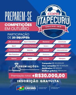 ⚽️🔥 Vem aí a Copa Itapecuru 2025!
Preparem-se que as emoções do futebol vão tomar conta da nossa cidade em outubro, com a participação de 20 equipes disputando o título.
📢 Inscrição gratuita! Prepare sua torcida e venha vibrar com a gente! 🙌🏻✨
#CopaItapecuru #EsporteCaxiense