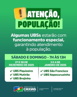 📣 Atenção, Caxias!

Tem UBS com horário especial neste fim e começo de ano para não deixar ninguém sem atendimento! 💚🏥

Cuidado e compromisso com você e com nossa cidade. 🤝💙

#SaúdeCaxias #AtendimentoEspecial
#PrefeituraDeCaxias