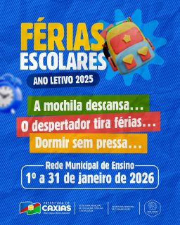 📚✨ Janeiro chegando com aquele clima de descanso merecido!

Na Rede Municipal de Ensino, é tempo de recarregar as energias para começar 2026 com tudo! 🤩💙

De 1º a 31 de janeiro, férias escolares! 🏖️🌟

#FériasEscolares #EducaçãoCaxiense #PrefeituraDeCaxias