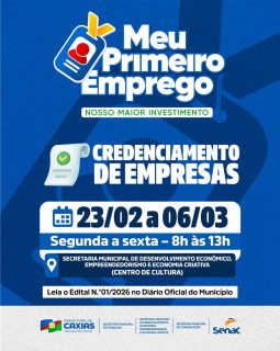💼 Meu Primeiro Emprego. Nosso maior investimento é no futuro!

Em breve, estarão abertas as inscrições para o credenciamento de empresas interessadas em participar do programa que incentiva oportunidades para o primeiro emprego.

📄 Informações no Edital nº 01/2026, que já está publicado no Diário Oficial do Município.

Prepare sua empresa e faça parte dessa iniciativa que transforma vidas e fortalece o desenvolvimento da nossa cidade. 💙🤝

Confira o edital: https://share.google/m3dzguC4wBzd19nzC

#MeuPrimeiroEmprego #JuventudeCaxiense #PrefeituraDeCaxias