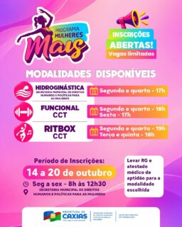 💜🌸 O Programa Mulheres Mais está com inscrições abertas!
Chegou a oportunidade de cuidar da saúde, movimentar o corpo e promover mais qualidade de vida! 🏃♀️💃
Inscrições de segunda a sexta-feira, das 8h às 12h30, na Secretaria Municipal de Direitos Humanos e Políticas para as Mulheres.
Não perca essa oportunidade de investir no seu bem-estar! 💜
#ProgramaMulheresMais #SaúdeDaMulher #PolíticasParaAsMulheres #PrefeituraDeCaxias