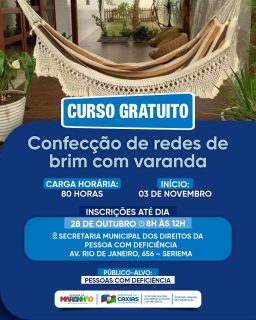 🧵✨ Nova oportunidade de qualificação!
Estão abertas as inscrições para o curso gratuito de confecção de redes de brim com varanda, voltado para pessoas com deficiência.
Uma iniciativa que promove inclusão, aprendizado e geração de renda. 💙
 #Capacitação #DireitosDaPessoaComDeficiência #PrefeituraDeCaxias