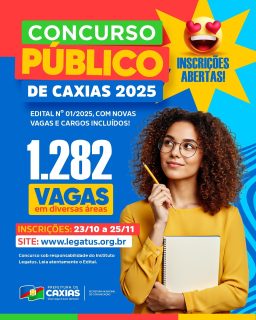 📢✨ Atenção, Caxias! 
O edital do Concurso Público Municipal 2025, incluindo o Concurso da Guarda Municipal, já está disponível.
Confira todas as informações, cargos, vagas e requisitos diretamente no edital, disponível no site da Prefeitura de Caxias. 
Link edital: https://caxias.ma.gov.br/dom/6317-2025/
Não perca essa oportunidade! As inscrições vão de 23/10 a 25/11 pelo site 👉 www.legatus.org.br
#ConcursoCaxias2025 #ConcursoGuardaMunicipal #PrefeituraDeCaxias