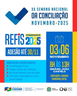 💼 XX Semana Nacional da Conciliação, reforçando o compromisso com o diálogo, a cidadania e a resolução de pendências de forma prática e acessível.
O Refis Itinerante 2025 estará oferecendo serviços de orientação fiscal, negociação de débitos e esclarecimento de dúvidas para facilitar a vida do contribuinte. 
Conciliação e cidadania caminhando juntas por uma cidade mais justa e organizada. 💙
#SemanaDaConciliação #RefisItinerante #Cidadania #PrefeituraDeCaxias
