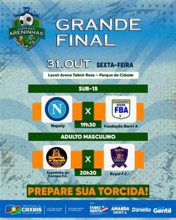 🏆⚽ Chegou o momento da grande final da Copa das Areninhas!
A emoção vai tomar conta da Arena Talmir Rosa, no Parque da Cidade, com dois grandes jogos que prometem agitar a torcida! 🎉
Prepare a torcida e venha apoiar seu time! 💪💙
#CopaDasAreninhas #GrandeFinal #EsporteCaxiense #PrefeituraDeCaxias