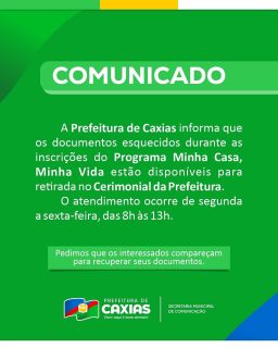 📣 Comunicado Importante!
Os documentos esquecidos durante as inscrições do Programa Minha Casa, Minha Vida estão disponíveis para retirada. 🗂️
Compareça para recuperar seus documentos! ✅