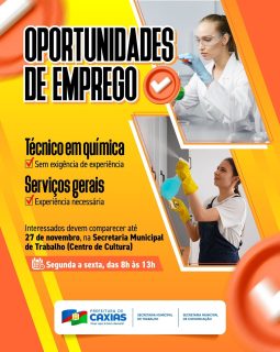 💼 Novas oportunidades de Emprego! 

📅 Até 27 de novembro 
🕢 De segunda a sexta, das 8h às 13h
📍Secretaria Municipal do Trabalho – Centro de Cultura

Se você tem experiência na área e busca uma nova oportunidade no mercado de trabalho, essa é a sua chance! ✨