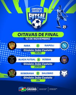 🏆 O futsal caxiense segue a todo vapor!

As oitavas de final prometem grandes confrontos, com equipes cheias de talento, garra e muita paixão pelo esporte. ⚽🔥

Mais do que partidas, é a celebração do esporte que movimenta nossa cidade e une atletas e torcedores. 💙

#CampeonatoCaxienseDeFutsal #EsporteCaxiense #PrefeituraDeCaxias