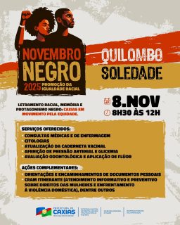 ✊🏾✨ O Quilombo Soledade receberá uma ação especial em celebração ao Novembro Negro, com atividades que valorizam a identidade, a cultura e o protagonismo da população negra.
Serão oferecidos serviços de saúde, orientações cidadãs e ações voltadas aos direitos das mulheres, reforçando o compromisso com a igualdade e a equidade racial. 🤝🏾
#NovembroNegro2025 #IgualdadeRacial #ProtagonismoNegro #PrefeituraDeCaxias