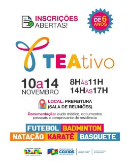 🌟 Inclusão, esporte e novas oportunidades em movimento! ⚽🏊♀️🥋🏀
O Projeto TEAtivo chegou para fortalecer o potencial de cada participante, promovendo o esporte como ferramenta de desenvolvimento, integração e alegria! ✨
Um espaço de convivência onde cada treino é aprendizado, cada desafio é superação e cada conquista é celebrada com entusiasmo e respeito. 💙
#TEAtivo #Inclusão #EsporteParaTodos #EsporteCaxiense #PrefeituraDeCaxias
