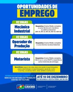 💼🚀 Se você está em busca de crescimento profissional e deseja ingressar no mercado de trabalho, essa pode ser a sua chance!

📅 Inscrições até 10 de dezembro
⏰ De segunda a sexta, das 8h às 13h
📍 Secretaria Municipal de Trabalho – Centro de Cultura

Não deixe essa oportunidade passar e compartilhe com quem também está em busca de uma nova colocação! 🤝