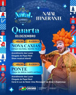 🎄✨ O Natal Iluminado Itinerante continua espalhando magia por toda a nossa cidade!

Nesta quarta-feira, os bairros Nova Caxias e Salobro recebem toda a alegria, música, luzes e o encanto dessa celebração que aproxima famílias e ilumina nossos corações. 💫🎅

Venha viver esse momento especial com a gente! 💙

#NatalIluminado2025 #NatalItinerante #NossoBrilhoÉBomDemais #PrefeituraDeCaxias
