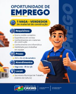💼💙 Essa oportunidade pode ser sua! 

Confira os requisitos, separe seus documentos e procure a Secretaria Municipal de Trabalho, no Centro de Cultura, de segunda a sexta, das 8h às 13h. 

O prazo para se candidatar vai até 27 de outubro!

#OportunidadeDeEmprego #Trabalho #PrefeituraDeCaxias