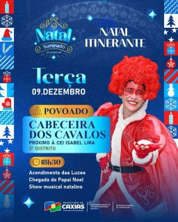 🎄💫 O brilho do Natal está chegando ao Povoado Cabeceira dos Cavalos!

A partir das 18h30, uma programação especial para toda a família, com muita música, luzes e surpresa do bom velhinho.

🎄🎅💫 Participe e celebre esse momento especial!

#NatalIluminado2025 #NatalItinerante #CabeceiraDosCavalos #NossoBrilhoÉBomDemais #PrefeituraDeCaxias