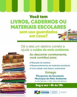 📚♻️ Materiais que já cumpriram seu papel merecem ganhar um novo ciclo. 

Ao escolher o descarte consciente, você ajuda a reduzir resíduos, incentiva o reaproveitamento e contribui para construir uma cidade mais limpa e sustentável para todos. 

Pequenas atitudes transformam o presente e constroem um futuro melhor. Faça sua parte, sua ação hoje faz a diferença amanhã! 💚🌍

#DescarteConsciente #MeioAmbiente #PrefeituraDeCaxias