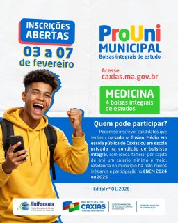O sonho da faculdade pode estar mais perto do que você imagina. 🎓💙

Estão abertas as inscrições para o ProUni Municipal, uma iniciativa que amplia o acesso ao ensino superior e fortalece o futuro de quem sonha em conquistar uma graduação. 📚🚀

Não deixe para depois! Confira todas as informações e garanta sua inscrição dentro do prazo. O futuro espera por quem dá o primeiro passo. 🚀✅

Acesse o edital e faça sua inscrição: https://caxias.ma.gov.br/2026/02/04/prefeitura-de-caxias-abre-inscricoes-para-o-prouni-municipal-2026/

#ProUniMunicipal #EducaçãoQueTransforma #EnsinoSuperior #PrefeituraDeCaxias