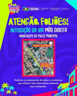 🚧🎭 Atenção, foliões e motoristas!

Para garantir a montagem da estrutura do carnaval com mais organização e segurança, um trecho da via mão direita está interditado nas proximidades do palco principal.

Pedimos a colaboração de todos e orientamos que utilizem rotas alternativas durante esse período. 🤝

#TrânsitoCaxias #CarnavalEmCaxias #PrefeituraDeCaxias