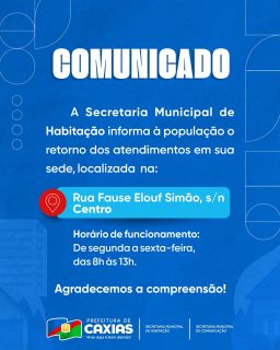 📢 A Secretaria Municipal de Habitação já retomou os atendimentos em sua sede, localizada na Rua Fause Elouf Simão, s/n, Centro.

O atendimento acontece de segunda a sexta-feira, das 8h às 13h. Agradecemos a compreensão de todos! 🤝

#Habitação #Comunicado #PrefeituraDeCaxias