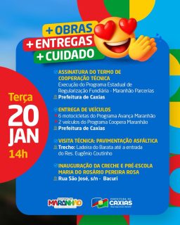 🤝💙 Uma tarde marcada por importantes avanços para Caxias.

Nesta terça-feira (20), em parceria com o Governo do Estado, teremos obras, entregas e ações que reforçam o cuidado com a cidade e com a população caxiense.

Compromisso e trabalho que seguem transformando Caxias. Participe desse momento importante! 🤝💙

#GestãoQueAvança #CaxiasEmDesenvolvimento #GovernoDoEstado #PrefeituraDeCaxias