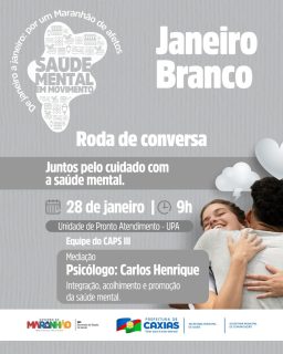 🤍🧠 Janeiro Branco: juntos pelo cuidado com a saúde mental!

A roda de conversa é um espaço de diálogo, escuta e troca, reforçando a importância do cuidado coletivo e da atenção à saúde. 

Participe desse momento de diálogo e cuidado. 🤝🤍

#JaneiroBranco #MaranhãoDeAfetos #SaúdeMental #PrefeituraDeCaxias