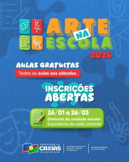 🎨✨ Criatividade que educa, inspira e transforma.

O Projeto Arte da Escola já está com inscrições abertas para crianças e adolescentes explorarem talentos, desenvolverem a imaginação e ampliarem seus horizontes por meio da cultura.

Investir em arte é cuidar do presente e abrir caminhos para um futuro mais humano, sensível e cheio de possibilidades. 💙

#ProjetoArteDaEscola #ArteQueTransforma #EducaçãoCaxiense #PrefeituraDeCaxias