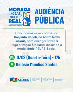 🏠✨ Moradores do Conjunto Cohab, a participação de vocês é fundamental!

É a oportunidade de dialogar, esclarecer dúvidas e avançar juntos na regularização fundiária. Participe! 💙🙌

#RegularizaçãoFundiária #ConjuntoCohab
#PrefeituraDeCaxias