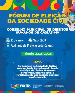 🤝 O Fórum de Eleição da sociedade civil para composição do Conselho Municipal de Direitos Humanos de Caxias é um importante momento de construção democrática, compromisso social e defesa dos direitos da população.

Confira a programação completa e participe desse processo de fortalecimento das políticas públicas e da garantia de direitos para todos. 🤝💙

#DireitosHumanos #ConselhoMunicipal #PrefeituraDeCaxias