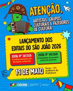 🌽🔥 São João 2026, tradição, cultura e oportunidades para os talentos da nossa terra! 🎉🪗

Artistas, grupos culturais e fazedores de cultura já podem se preparar para mais uma grande temporada de fortalecimento das manifestações culturais que fazem parte da nossa identidade. 💃🏽✨

O lançamento dos editais do São João 2026 marca um importante passo para incentivar os talentos locais, apoiar a cultura e manter viva a grandiosidade das nossas festas juninas. ❤️💛💚

#SãoJoão2026 #EditaisCulturais2026 #ValorizaçãoCultural #PrefeituraDeCaxias