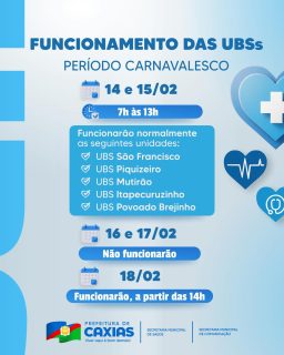 🏥💙 Atenção aos horários das Unidades Básicas de Saúde durante o período de carnaval!

Algumas unidades terão atendimento em horários especiais para garantindo assistência à população. 

#SaúdeCaxias #AtençãoBásica #PrefeituraDeCaxias