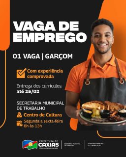 🚧💼 Oportunidade de Emprego! Vaga aberta para Garçom. 

📅 Até 25 de fevereiro 
🕢 De segunda a sexta, das 8h às 13h
📍Secretaria Municipal do Trabalho – Centro de Cultura

Se você tem experiência na área e busca uma nova oportunidade no mercado de trabalho, essa é a sua chance!