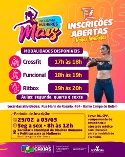 💪🏻💜 Estão abertas as inscrições para o Programa Mulheres Mais, com aulas pensadas para fortalecer o corpo, elevar a autoestima e promover mais qualidade de vida.

Tem opções para quem ama intensidade, treino dinâmico e até aquela aula cheia de ritmo! 💃🏻

As inscrições acontecem presencialmente na Secretaria Municipal de Direitos Humanos e Políticas para as Mulheres. Garanta sua vaga e venha fazer parte desse movimento de força, bem-estar e superação! 💪🏻✨

#ProgramaMulheresMais #MulheresEmMovimento  #PrefeituraDeCaxias