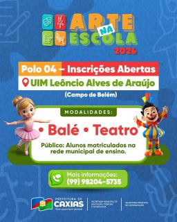 🎭✨ A arte também faz parte da educação!

Estão abertas as inscrições do Programa Arte na Escola 2026 no Polo 04. Uma oportunidade para os alunos da rede municipal desenvolverem criatividade, expressão e talento por meio da arte.

Balé e teatro, incentivando aprendizado, cultura e novas experiências dentro do ambiente escolar.

#ArteNaEscola #EducaçãoCaxiense #PrefeituraDeCaxias