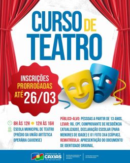 🎭✨ Ainda dá tempo de se expressar, soltar a voz, explorar emoções e viver novas histórias no palco.

Essa é a sua chance de mergulhar no mundo do teatro e viver uma experiência de criatividade e transformação.

Não perca essa oportunidade!🌟

#CursoDeTeatro #Cultura #VemProPalco #PrefeituraDeCaxias