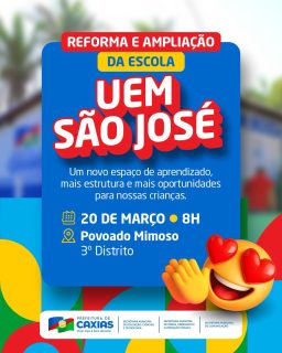 📚💙 A reforma e ampliação da UEM São José representam mais qualidade, conforto e oportunidades para nossas crianças aprenderem, se desenvolverem e sonharem ainda mais alto.

Participe desse momento especial e venha celebrar essa conquista com a gente! 🤝

#EducaçãoQueTransforma #EducaçãoCaxiense #PrefeituraDeCaxias