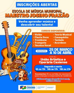 🎶🎼 Venha aprender música e descobrir seu talento!Estão abertas as inscrições para a Escola de Música Municipal Maestro Josino Frazão.Uma oportunidade para quem deseja aprender, se desenvolver e viver a música. Garanta sua vaga e venha fazer parte desse universo cheio de ritmo e aprendizado!#EscolaDeMúsica #CulturaCaxias #PrefeituraDeCaxias