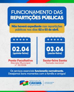 ⚠️ Nos dias 02 e 03 de abril, as repartições públicas municipais não terão atendimento ao público.

A medida segue o calendário oficial, enquanto os serviços essenciais continuam funcionando normalmente para atender toda a população.

#ServiçoPúblico #PrefeituraDeCaxias