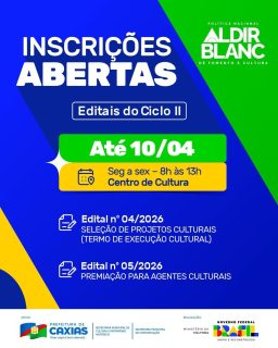 🎭✨ Atenção, fazedores de cultura!

Inscrições abertas para quem deseja fortalecer e dar visibilidade aos projetos culturais em nosso município. É a oportunidade de tirar ideias do papel e ampliar o alcance das iniciativas através da Política Nacional Aldir Blanc.

Fique atento aos prazos e garanta sua participação, inscrições presenciais no Centro de Cultura. 

Incentivar a cultura é fortalecer nossa identidade e apoiar quem constrói histórias. 💙

#AldirBlanc #EditaisCulturais #CulturaCaxias #PrefeituraDeCaxias
