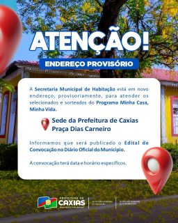 ⚠️ A Secretaria Municipal de Habitação está funcionando, temporariamente, em novo local, para melhor atender os sorteados e selecionados do Programa Minha Casa, Minha Vida.
Em breve, será divulgado o edital de convocação com todas as orientações, incluindo datas e horários.
#Habitação #MinhaCasaMinhaVida #PrefeituraDeCaxias