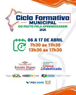 📚✨O Ciclo Formativo Municipal do Pacto pela Aprendizagem 2026 é um momento importante de troca de conhecimentos, alinhamento de estratégias e fortalecimento das práticas pedagógicas em nossa rede.

Confira os eixos que serão abordados, a programação completa, e participe desse movimento que fortalece a aprendizagem e transforma a educação no nosso município.

#PactoPelaAprendizagem2026 #EducaçãoCaxiense #FormaçãoContinuada #PrefeituraDeCaxias