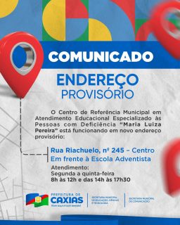 📍Comunicado Importante!

Os atendimentos especializados destinados às pessoas com deficiência seguem sendo realizados em endereço provisório, garantindo a continuidade dos serviços com acolhimento, inclusão e acessibilidade para toda a comunidade.

Os atendimentos acontecem de segunda a quinta-feira, nos períodos da manhã e da tarde.

#Acessibilidade #AtendimentoEspecializado #PrefeituraDeCaxias