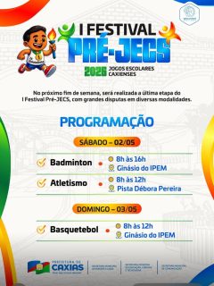 🏅🔥 Vem aí mais um fim de semana do Festival Pré-JECS, reunindo estudantes em disputas esportivas e momentos de integração!

Com modalidades como badminton, atletismo e basquetebol, a programação movimenta nossa cidade com energia, talento e espírito de equipe. 🏸🏃🏽‍♂️🏀

Mais uma etapa que fortalece o esporte escolar, incentivando nossos jovens atletas a superarem desafios e darem o seu melhor. 💙✨

#FestivalPréJECS #JECS2026 #EsporteEscolar #EsporteCaxiense #PrefeituraDeCaxias